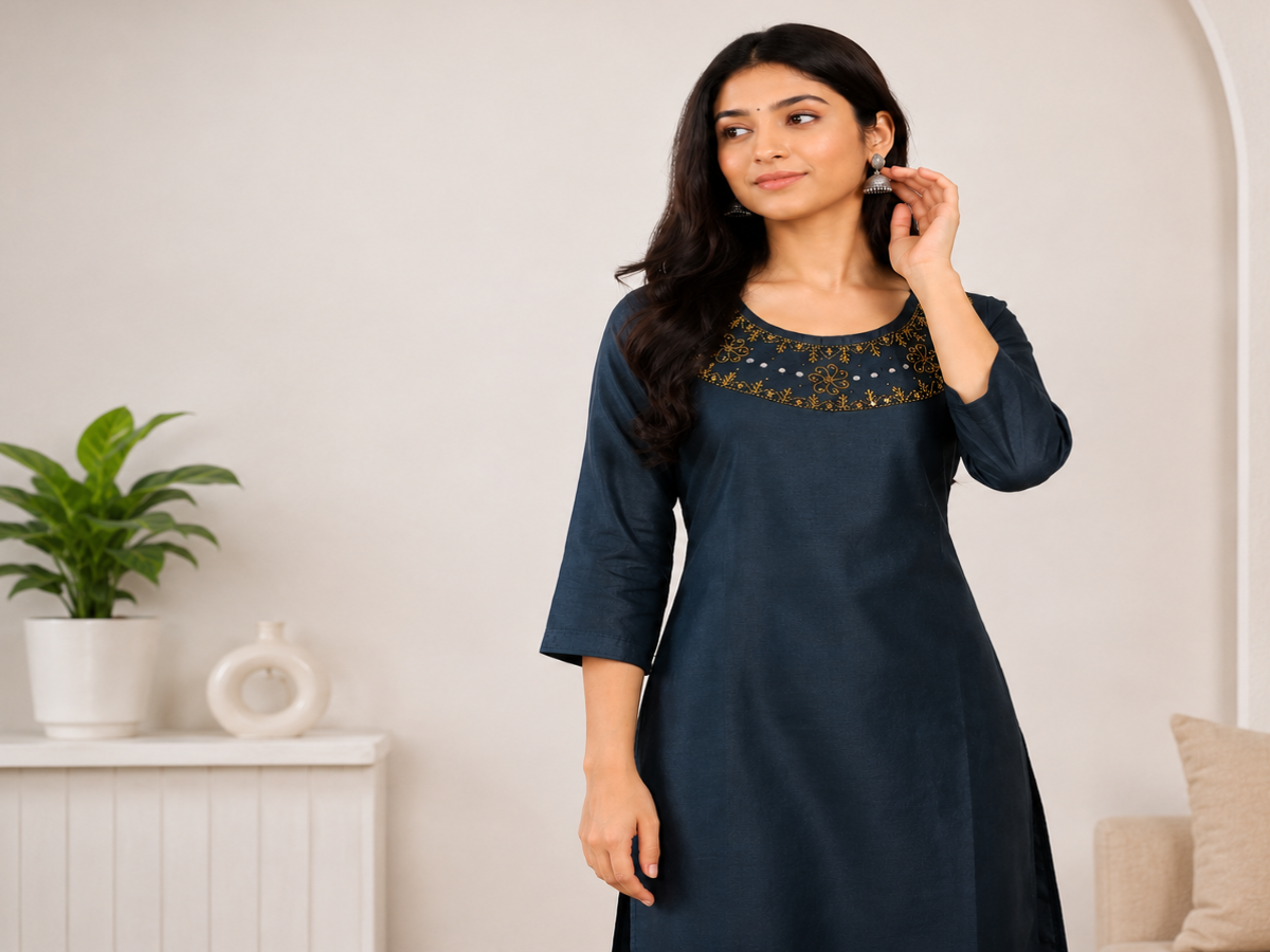 Navy Blue Cotton Kurti