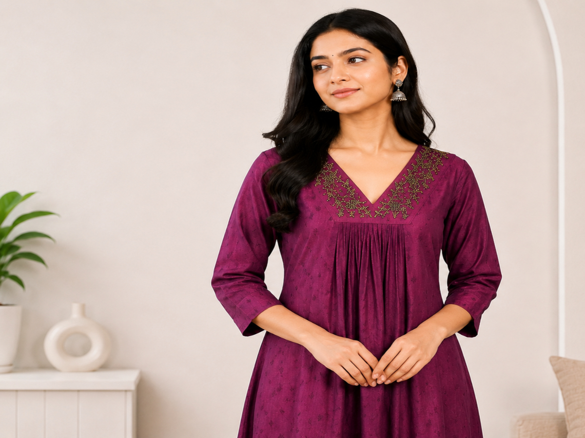 Plum Embroidered Cotton Blend A-Line Kurti