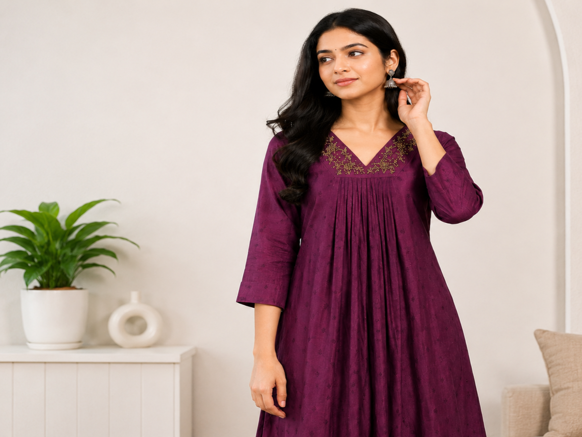 Plum Embroidered Cotton Blend A-Line Kurti