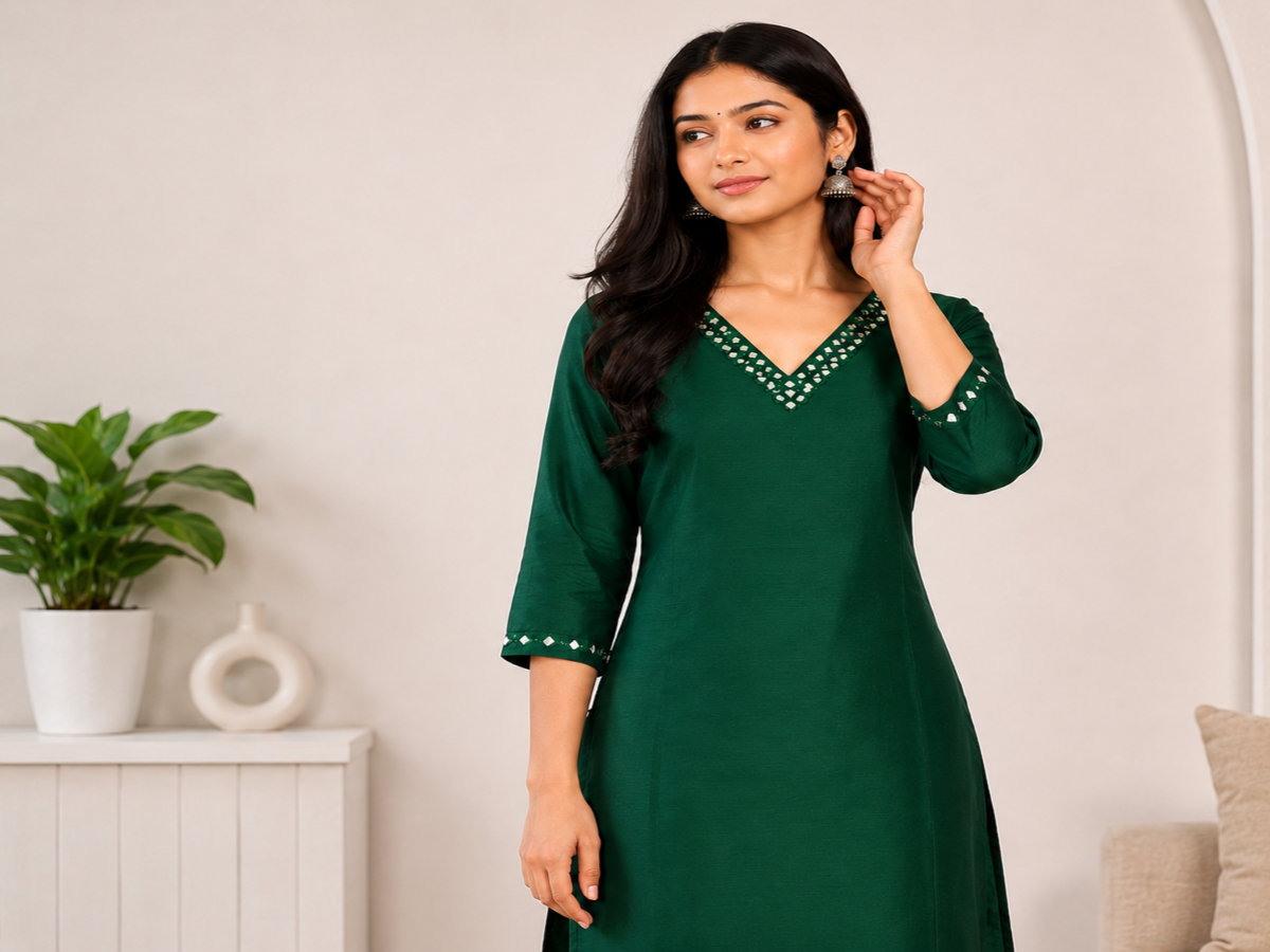 Emerald Green V-Neck Straight Kurti