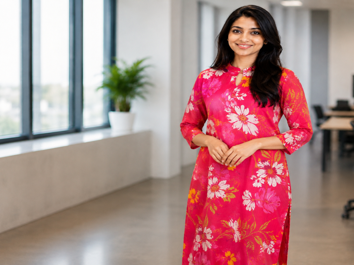 Fuchsia Pink Floral Printed Straight Kurti