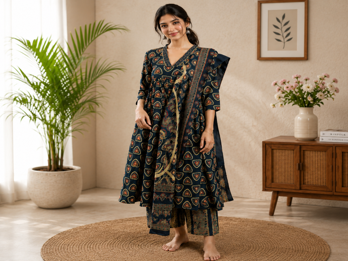 Women's Navy Blue Printed Cotton Kurta Pant Dupatta Set