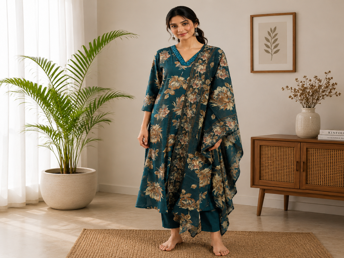Women's Teal Floral Printed Kurta Pant Dupatta Set