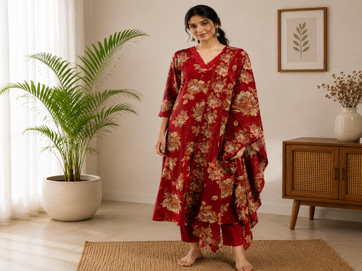 Women's Teal Floral Printed Kurta Pant Dupatta Set