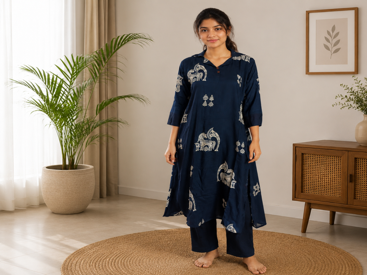 Women's Navy Blue Elephant Print Cotton Kurta Pant Set