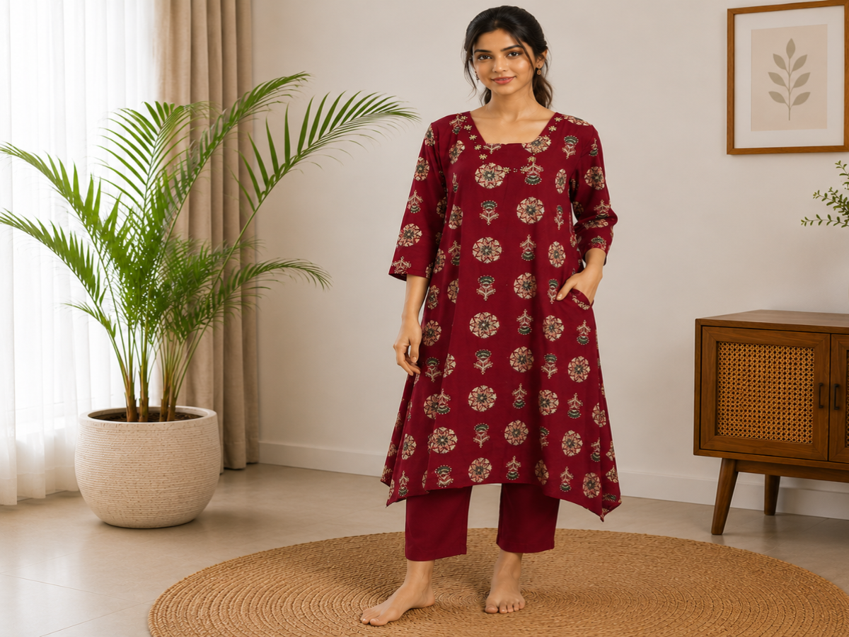 Women's Maroon Printed Cotton Kurta Pant Set