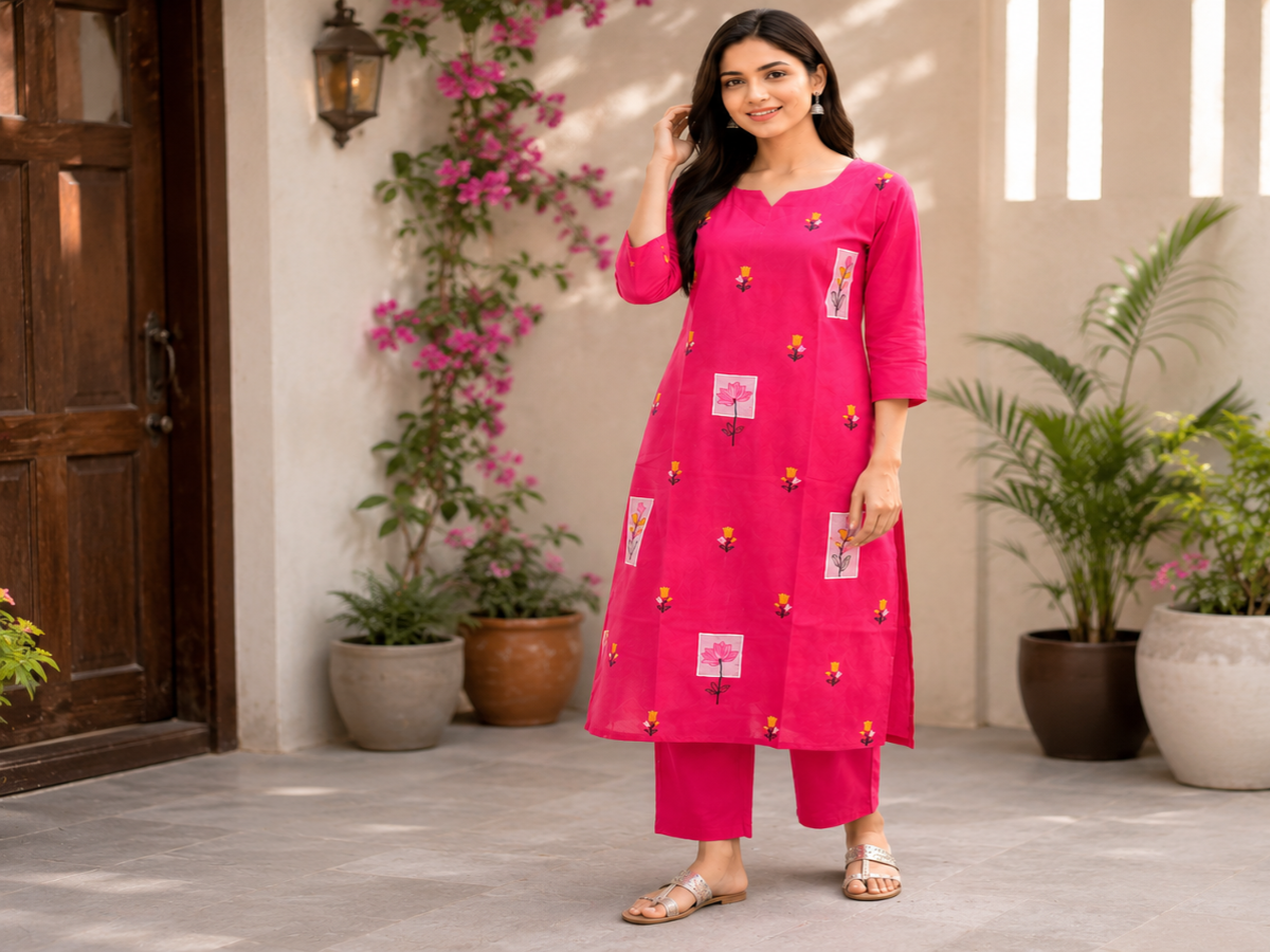 Women's Pink Embroidered Cotton Kurta Pant Set