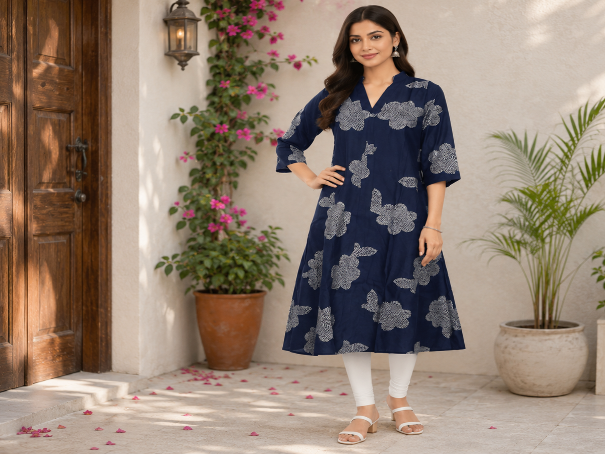 Women's Navy Blue Floral Printed Cotton A-Line Kurti
