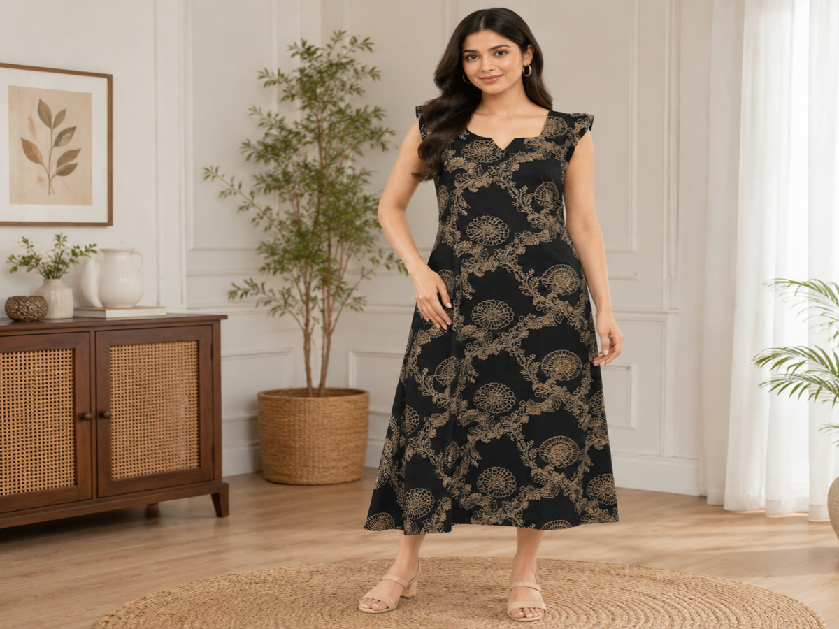 Women's Black & Beige Floral Printed Cotton A-Line Dress