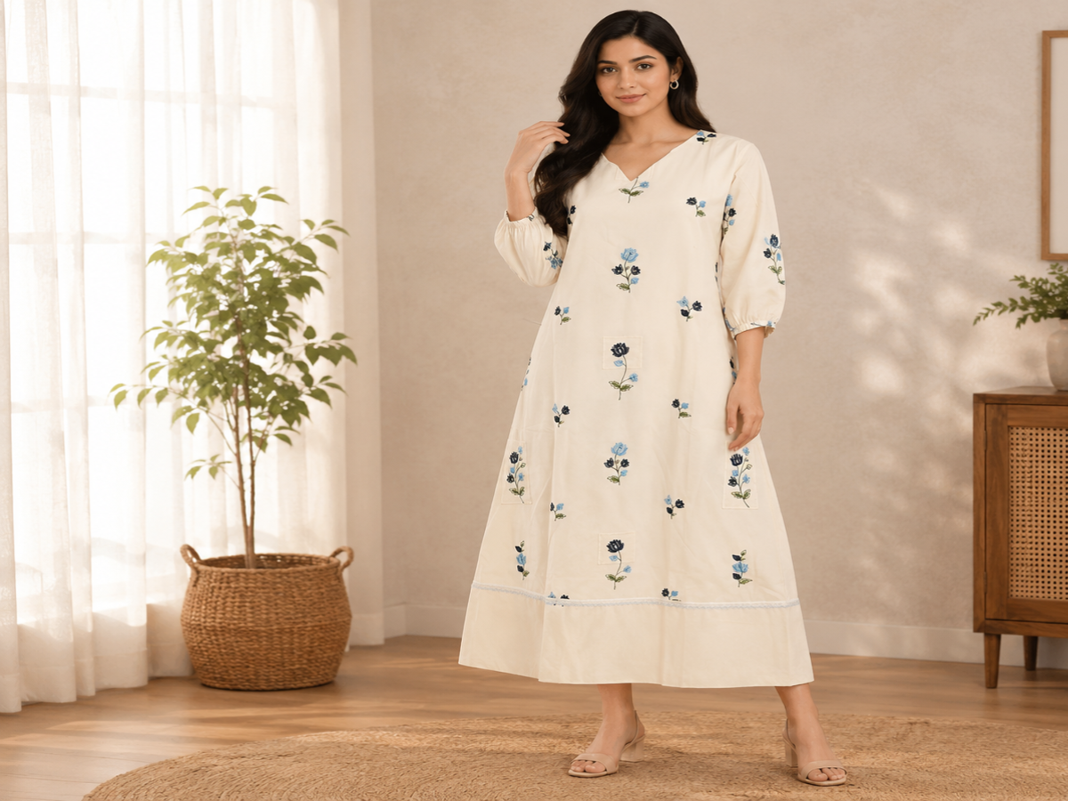 Women's Ivory Floral Embroidered Cotton A-Line Dress