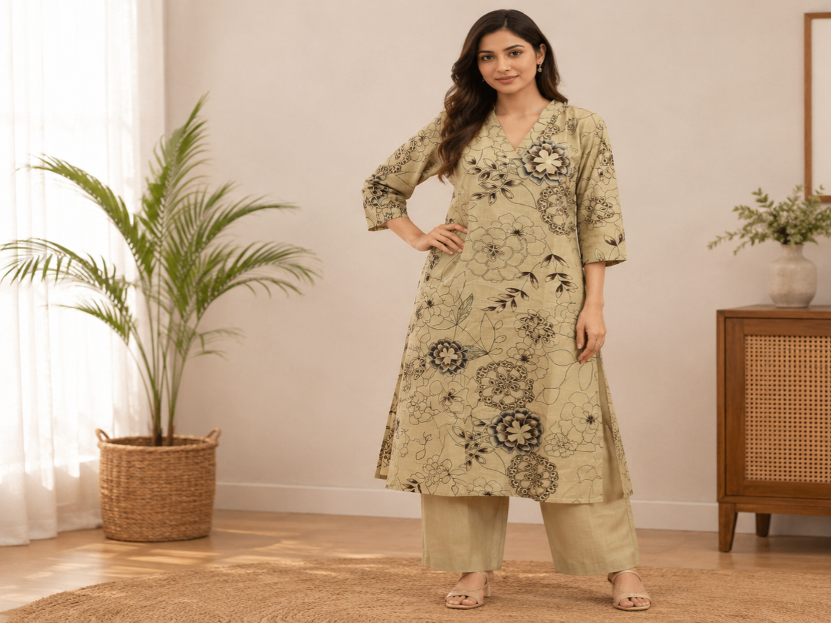 Women's Beige Floral Printed Cotton Kurta Pant Set
