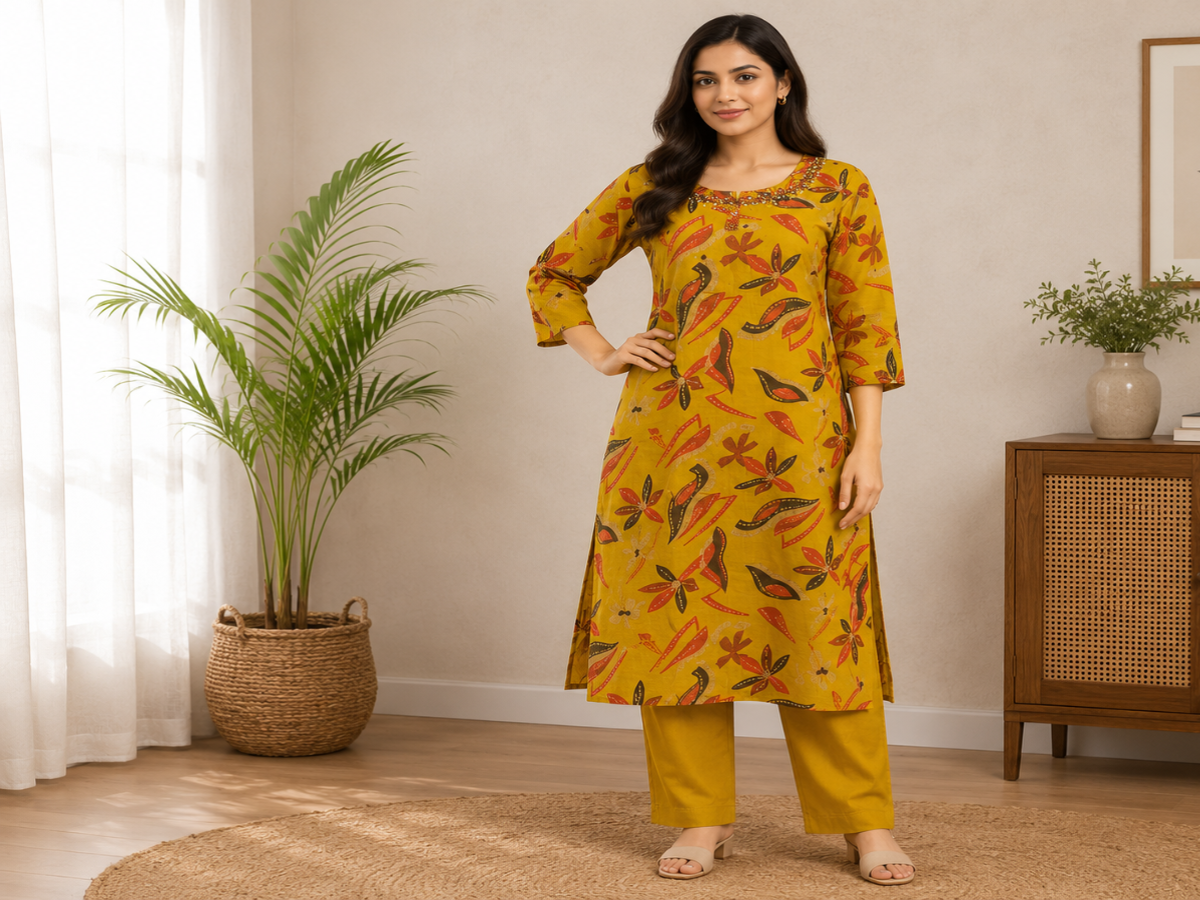 Women's Mustard Yellow Floral Printed Cotton Kurta Pant Set