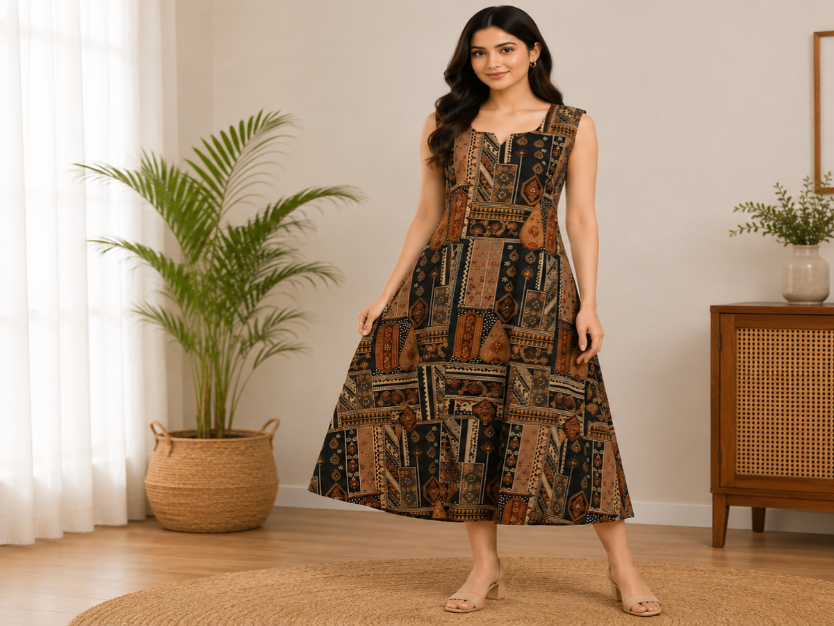Women's Brown Ethnic Printed Sleeveless A-Line Dress