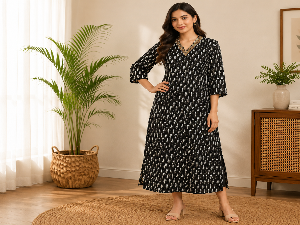 Women's Black Printed Cotton A-Line Kurti