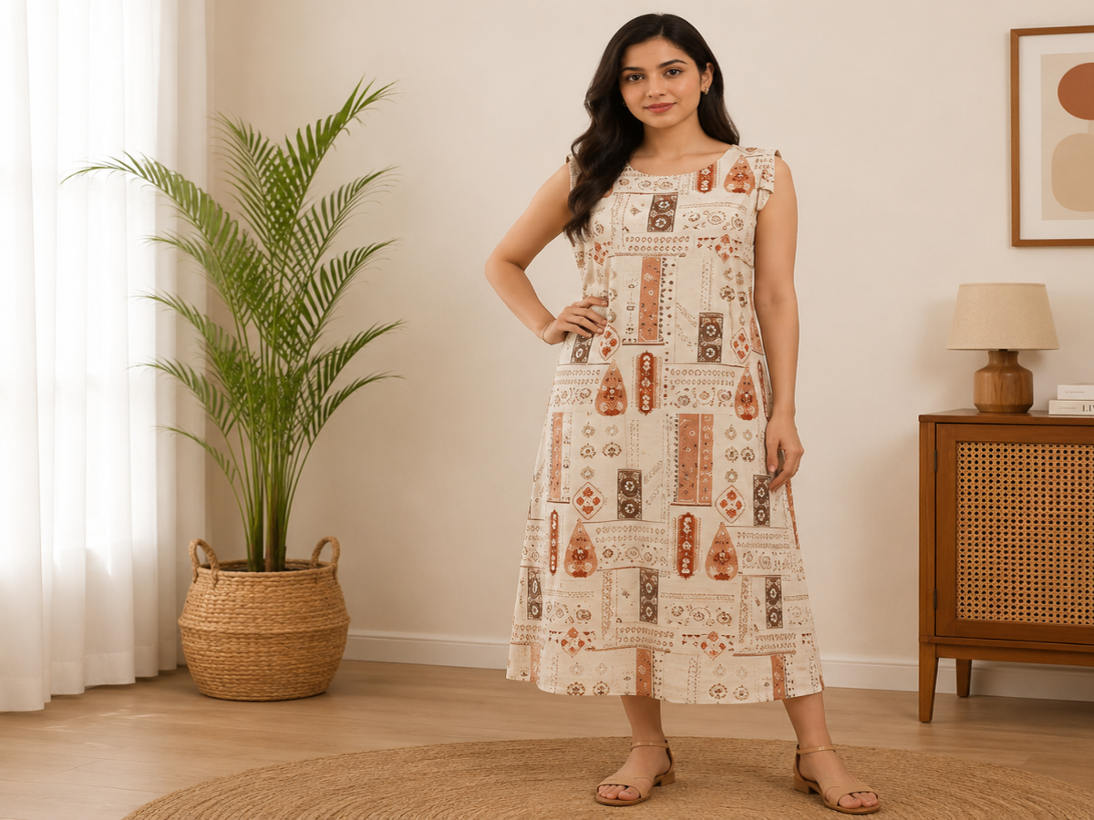 Women's Beige Ethnic Printed Sleeveless A-Line Dress SKU