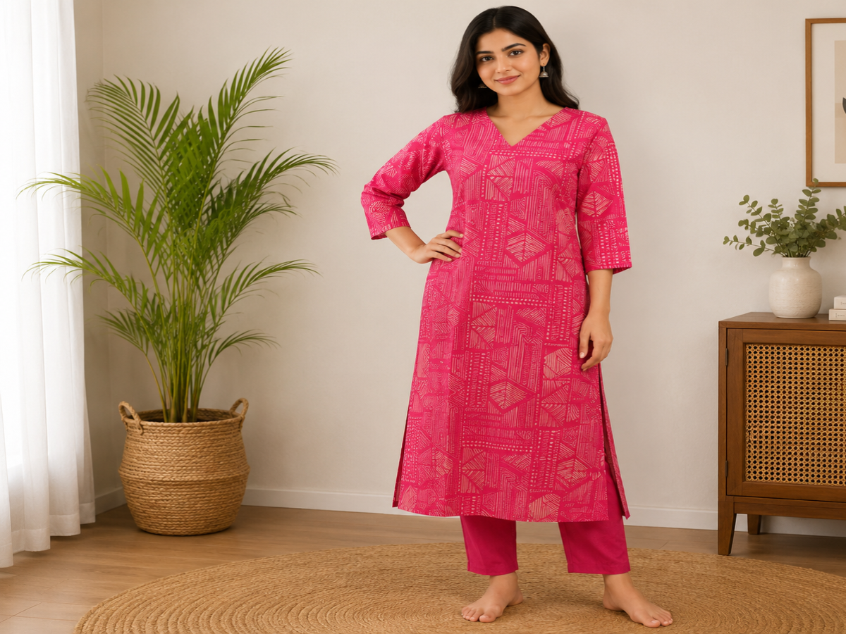 Women's Magenta Printed Cotton Kurta Pant Set
