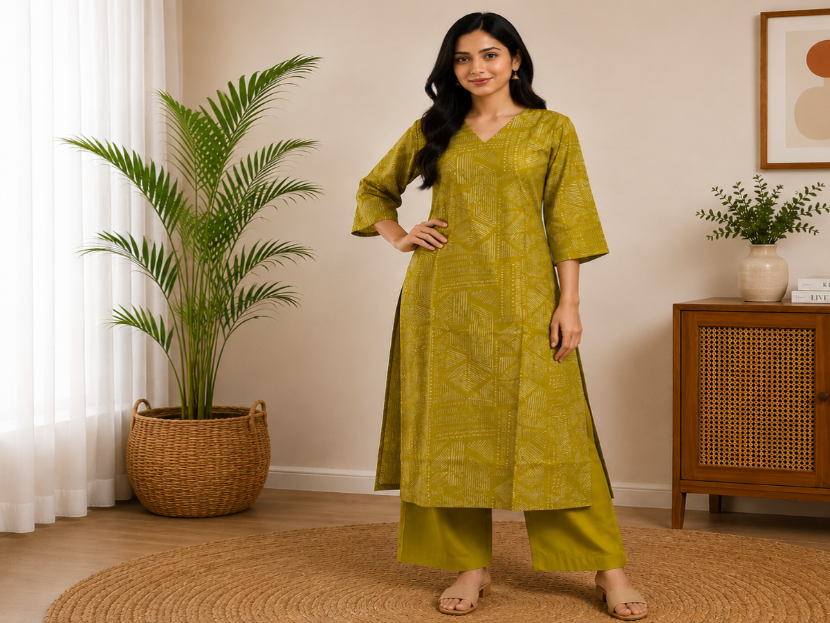 Women's Olive Green Printed Cotton Kurta Pant Set