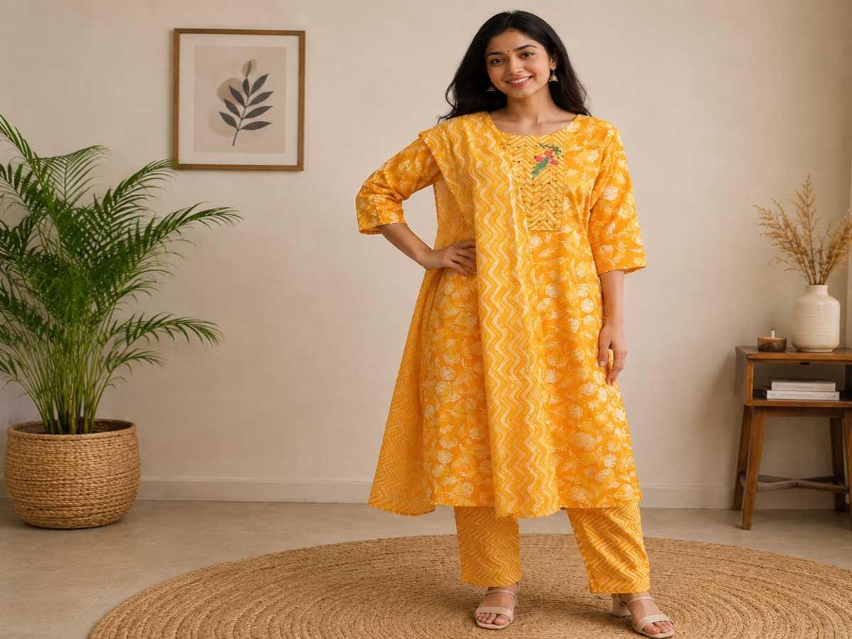 Women's Mustard Yellow Printed Cotton Kurta Pant Set with Dupatta