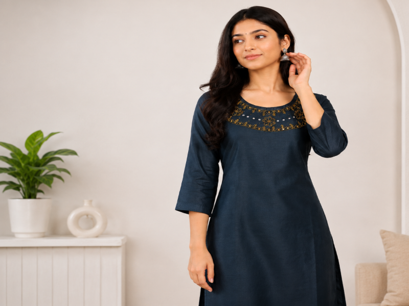 Navy Blue Cotton Kurti - Navy Blue Cotton Kurti